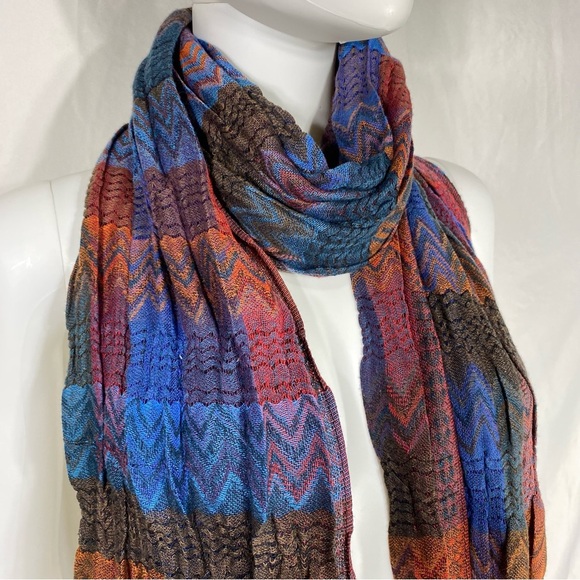 Dark Blues & Orange Chevron Plaid Long Tassel Scarf - Picture 2 of 5